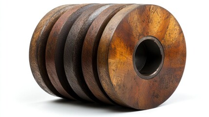 Stack of worn, brown industrial wheels with a central hole on a white background.
