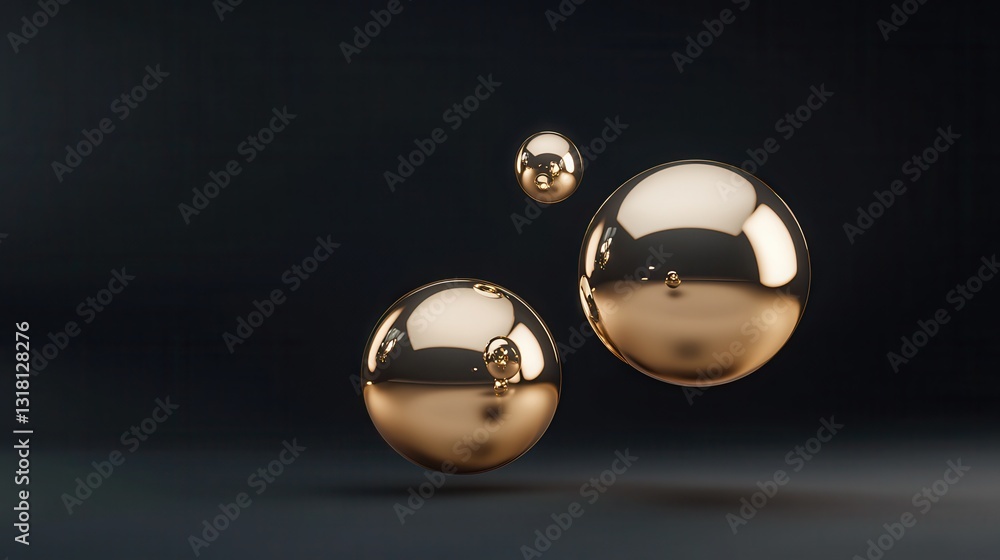 Poster elegant 3d render of floating golden spheres on a dark background for abstract design
