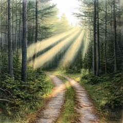 Obraz premium Sunlight Path Through Peaceful Forest