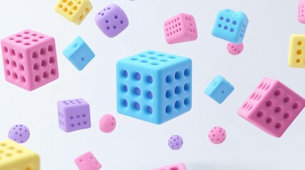 Colorful 3D rendered cubes and spheres floating against a white background.
