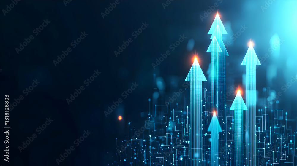 Poster blue abstract data network glowing arrows growth success progress data visualization digital transfo