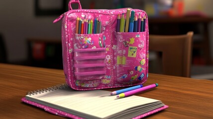 Pink Pencil Case and Notebook on Wooden Desk