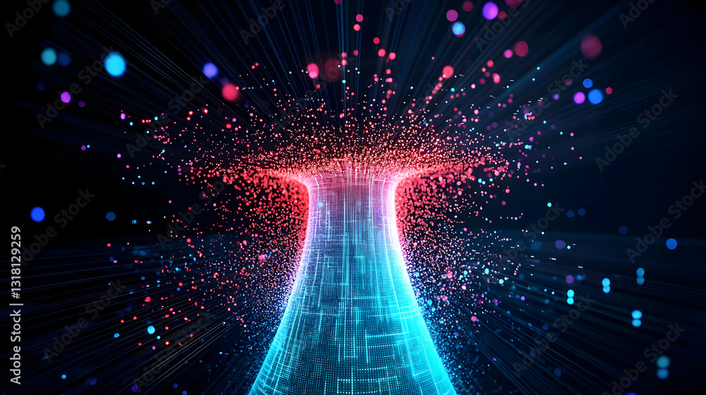 Poster dynamic burst of colorful pixels in abstract digital space with futuristic neon glow