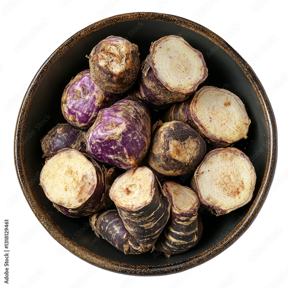 Poster fresh taro root cut into pieces displayed in a rustic plate on a simple transparent background, taro