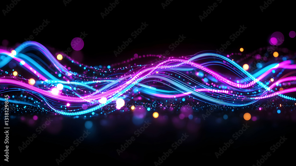 Poster vivid pink and blue abstract light trails flowing across a black background with sparkling particles