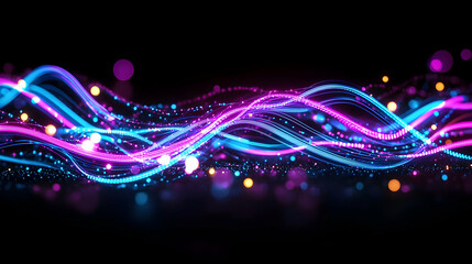 Fototapeta premium Vivid Pink And Blue Abstract Light Trails Flowing Across A Black Background With Sparkling Particles In A Dynamic Digital Art Composition