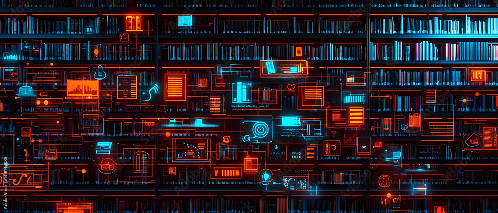 Poster futuristic library with glowing digital data streams and bookshelves in dark background with orange 