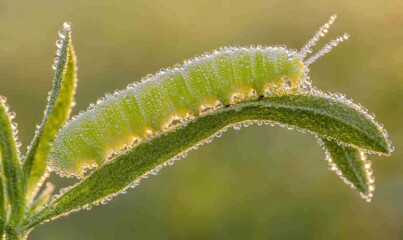 Fototapeta premium Dewy Caterpillar on Leaf at Sunrise