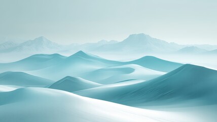 Serene Minimalist Landscape of Rolling Blue Sand Dunes Under a Soft Sky with Distant Mountains in a Tranquil Desert Environment