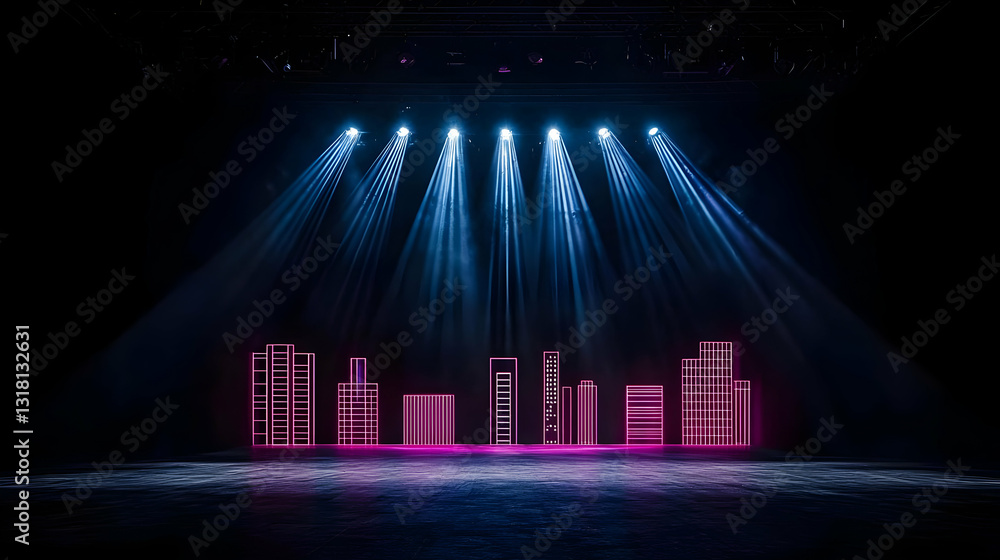 Aufkleber dramatic pink and blue stage lighting on empty platform with geometric backdrop in dark theater sett