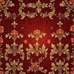a red and gold floral background with a gold border


