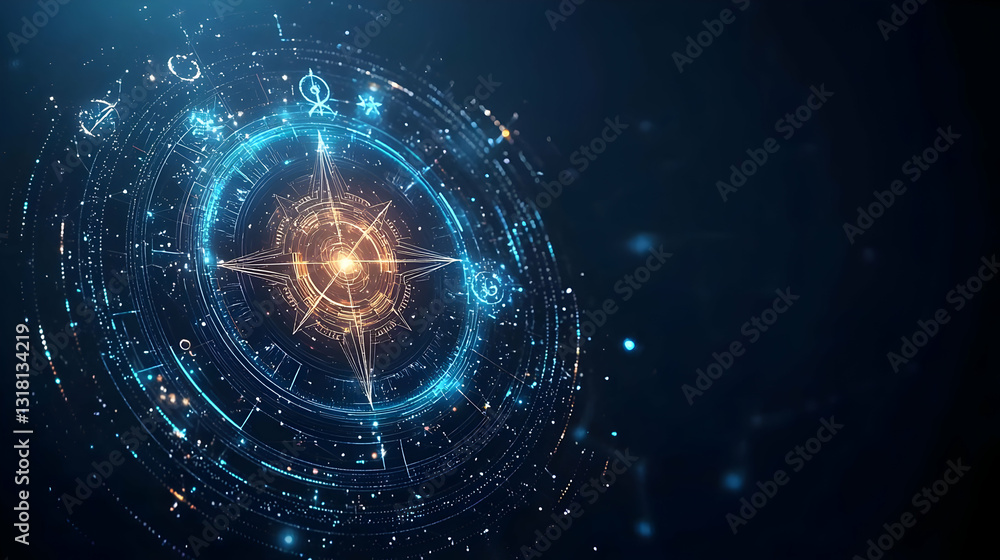 Poster abstract futuristic blue and orange glowing sphere of data with digital particles in a dark backgrou
