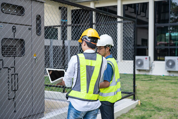 Service Engineer use tablet working inspection installation inverter solar cell. Technician maintenance solar cells. Technology solar energy renewable.