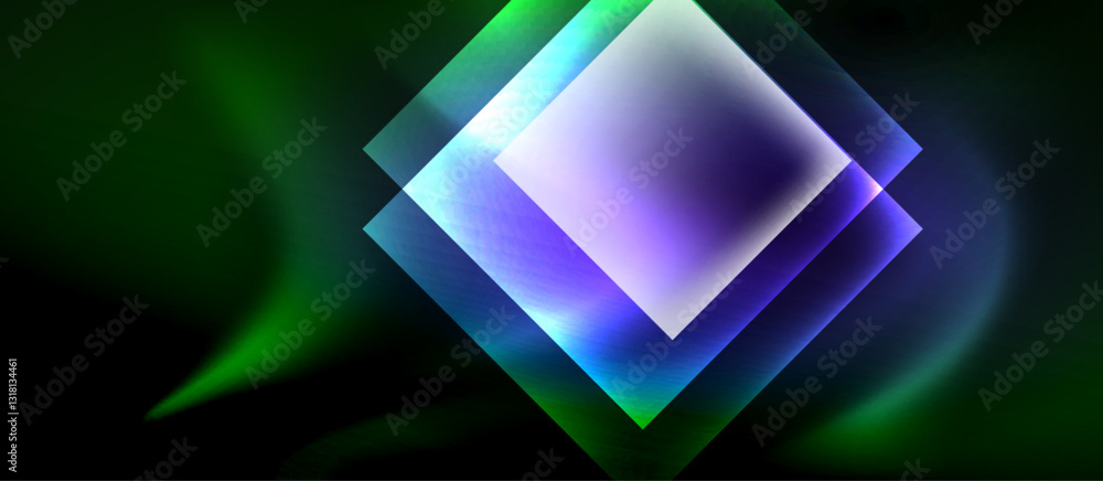 Poster glass squares with neon shiny light abstract background