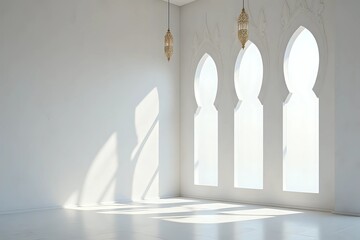 White shadow on arched abstract pattern mosque windows on the wall. Islamic religion, Ramadan kareem, or Eid Al Fitr background with copy space