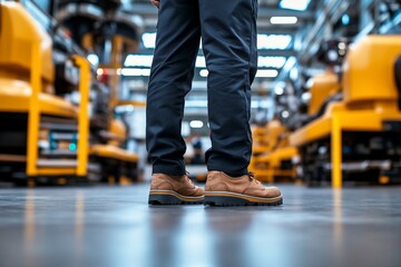 Fototapeta premium Factory worker stands at work, overseeing yellow equipment in manufacturing hall