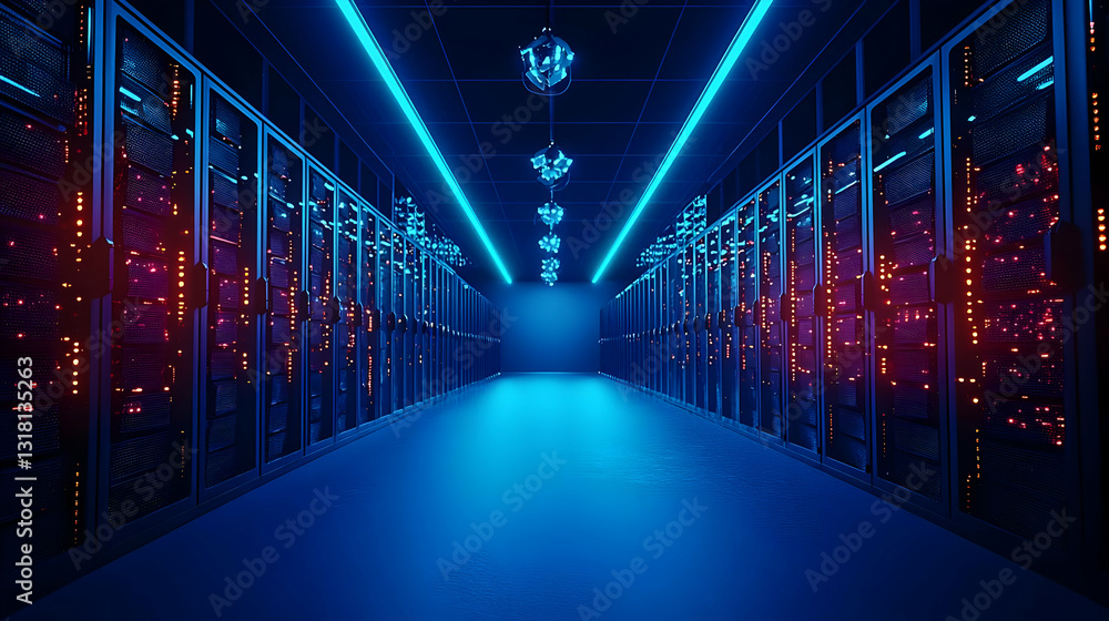 Poster dark server room with glowing blue and red lights and futuristic technology infrastructure for data 