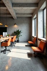 Fototapeta premium Modern concrete coworking space with sleek desks and chairs, contemporary, interior, furniture