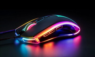  A computer mouse RGB gaming  in neon light on a dark background.