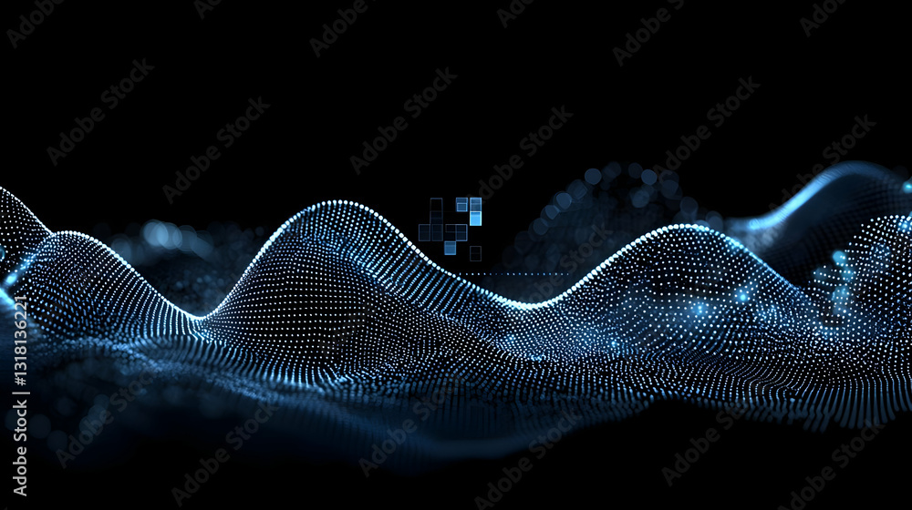 Poster abstract digital waveform in blue hues over black backdrop representing data science and technology