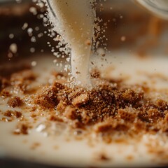 Macro View of Coconut Sugar Sprinkling into Simmering Coconut Milk