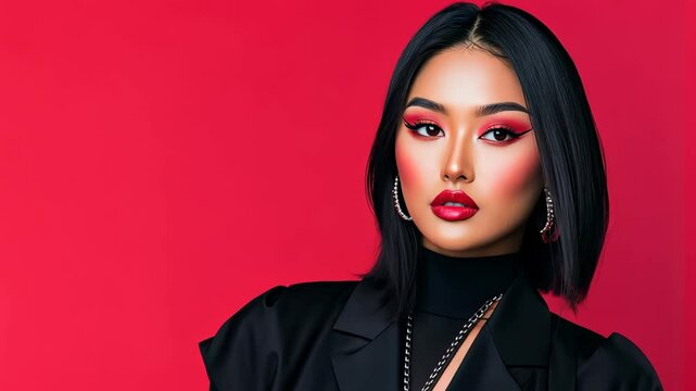 Elegant Portrait of Transgender Woman with Bold Makeup and Black Outfit on Red Background for Fashion Focused Stock Photography