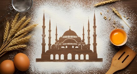 A silhouette of a mosque with minarets and a dome, subtly revealed through a dusting of flour on a textured surface