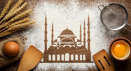 A silhouette of a mosque with minarets and a dome, subtly revealed through a dusting of flour on a textured surface