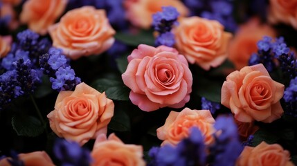 Fototapeta premium Peach Roses and Lavender Bouquet: A Stunning Floral Arrangement