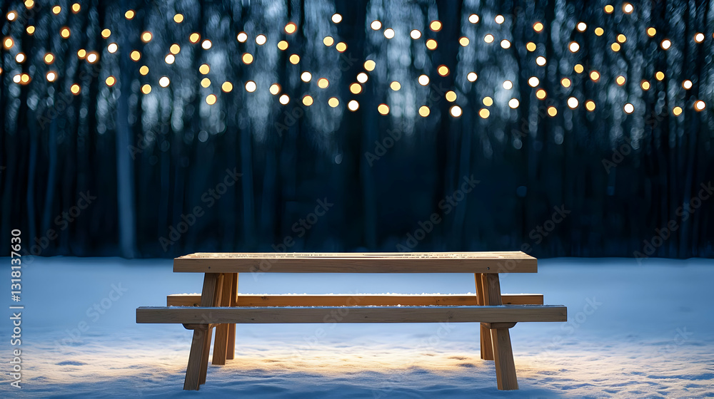 Poster snowy winter scene with wooden picnic table and string lights in a forest setting at night time