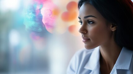Obraz premium Thoughtful Female Scientist Contemplating Future Innovations
