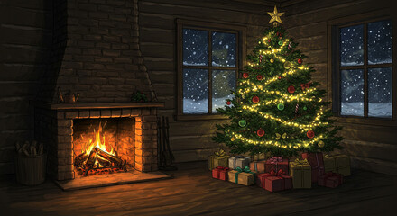 눈 내리는 크리스마스 저녁 따듯한 거실 풍경