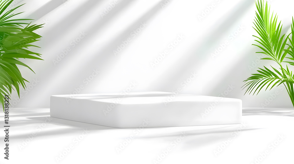Poster a minimalist scene featuring a white platform surrounded by green foliage, with soft light creating 