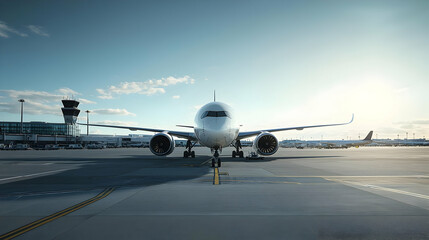 Obraz premium White Passenger Airplane Parked On Airport Tarmac With Control Tower And Terminal Building In Background Under Blue Sky