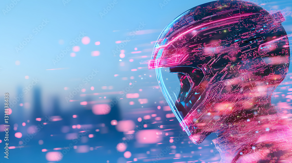 Aufkleber A digital rendering of a helmeted figure in motion, surrounded by vibrant colors and abstract patterns, suggesting speed and technology