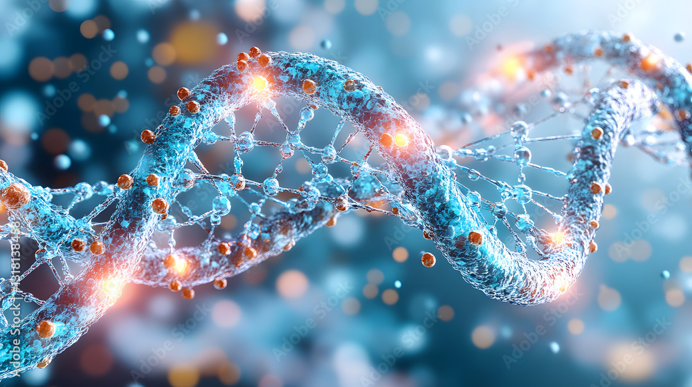 Poster a vibrant digital representation of a dna double helix, showcasing intricate molecular structures an