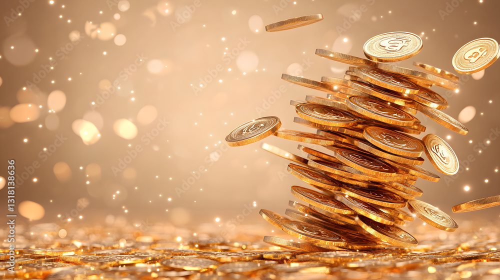 Aufkleber A dynamic display of stacked coins surrounded by shimmering particles, evoking themes of wealth and prosperity