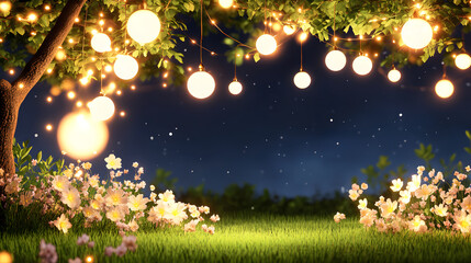 Fototapeta premium A whimsical outdoor scene featuring glowing orbs hanging from trees, surrounded by flowers and grass under a starry night sky