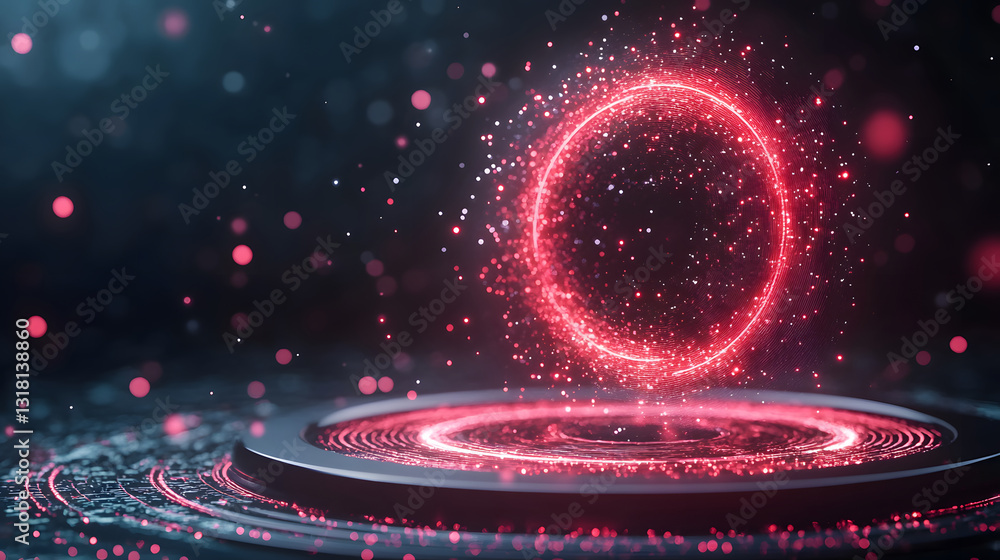 Poster A glowing red circular design is surrounded by a shimmering backdrop, creating a futuristic and ethereal visual effect