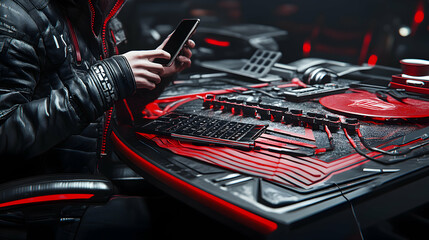 Cyberpunk Gamer Uses Smartphone at Red Desk Setup:  Gaming Accessories Illuminate the Scene Dramatically.