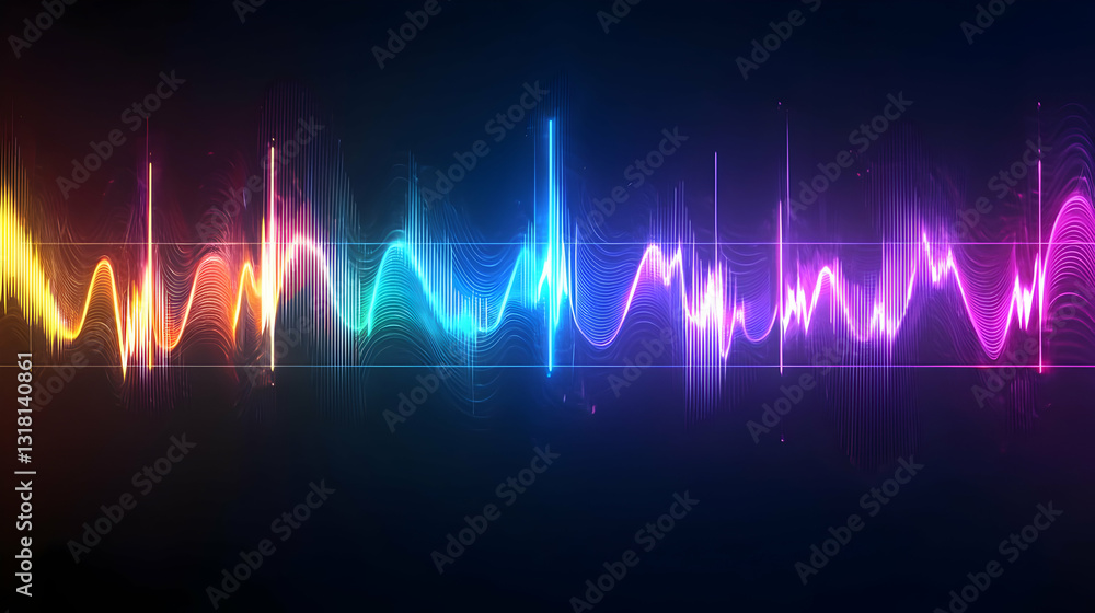 Poster abstract digital audio waveform in spectrum of bright colors on dark background