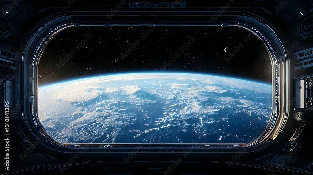 Poster view of earth from space through a rectangular window showing dark blue skies and the illuminated su