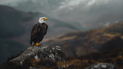  Majestic bald eagle perched on smooth granite boulder with rolling hills background