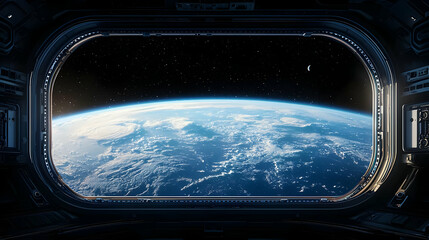View Of Earth From Space Through A Rectangular Window Showing Dark Blue Skies And The Illuminated Surface