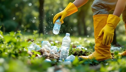 An individual in rubber boots and yellow gloves gathers plastic bottles, emphasizing the significance of World Environment Day