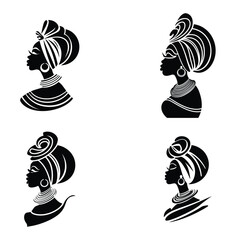 Elegant African Woman Silhouette Vector – Headwrap, Earrings, and Cultural Beauty, Silhoettes of african american women in a head wrap and with an earring.  Beautiful black girls profile