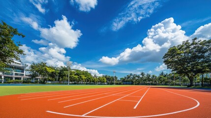Sunny day at an outdoor running track with lush green trees and blue sky.