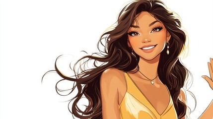 Naklejka premium Beautiful young woman with long hair smiling warmly in stylish yellow dress against plain white background