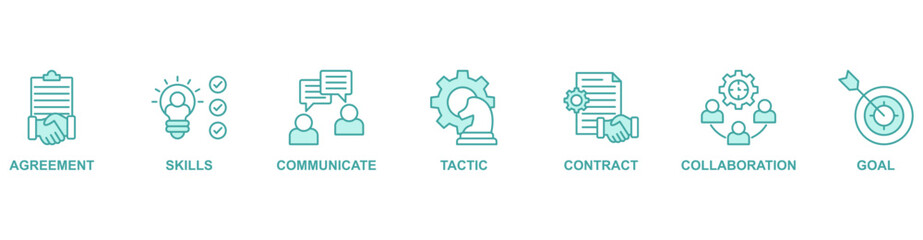 Fototapeta premium Negotiation banner web icon vector illustration concept with icon of agreement, skills, communicate, tactic, contract, collaboration, goal