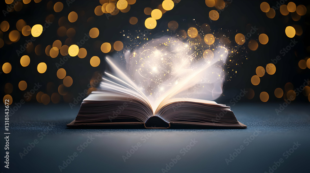 Poster enchanting visual of an open book with illuminated pages and sparkling lights against a dark backgro